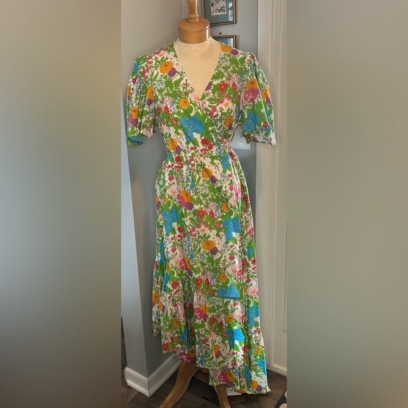 Millie Summer Garden Floral Cotton Wrap Asymmetrical Midi Dress Size Large NWT - Picture 2 of 16